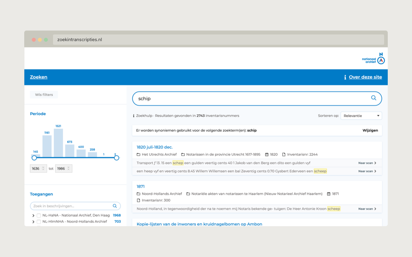 Nationaal Archief search engine for VOC handwritten transcriptions